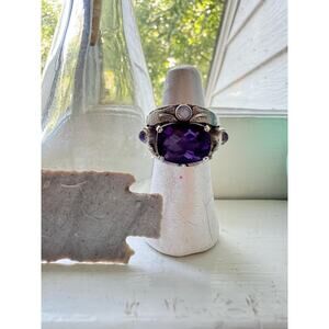 Purple Amethyst Ring Rainbow Moonstone Hand Made Carved Sterling Silver US 8.5